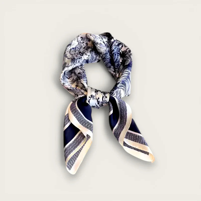 Silk Square Scarf: navy blue cream silk with floral and stripe sides, elegant knot