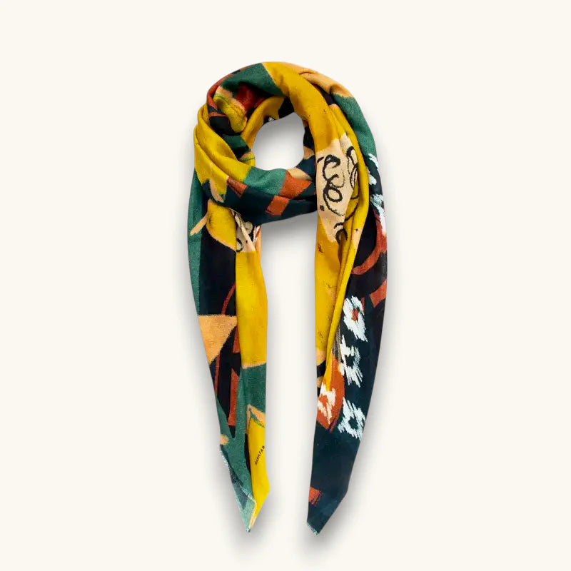 Vibrant Silk Wool Scarf in yellow, green, black floral geometric pattern