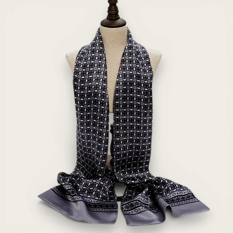 Elegant silver mens silk scarf with black geometric pattern and lavender border