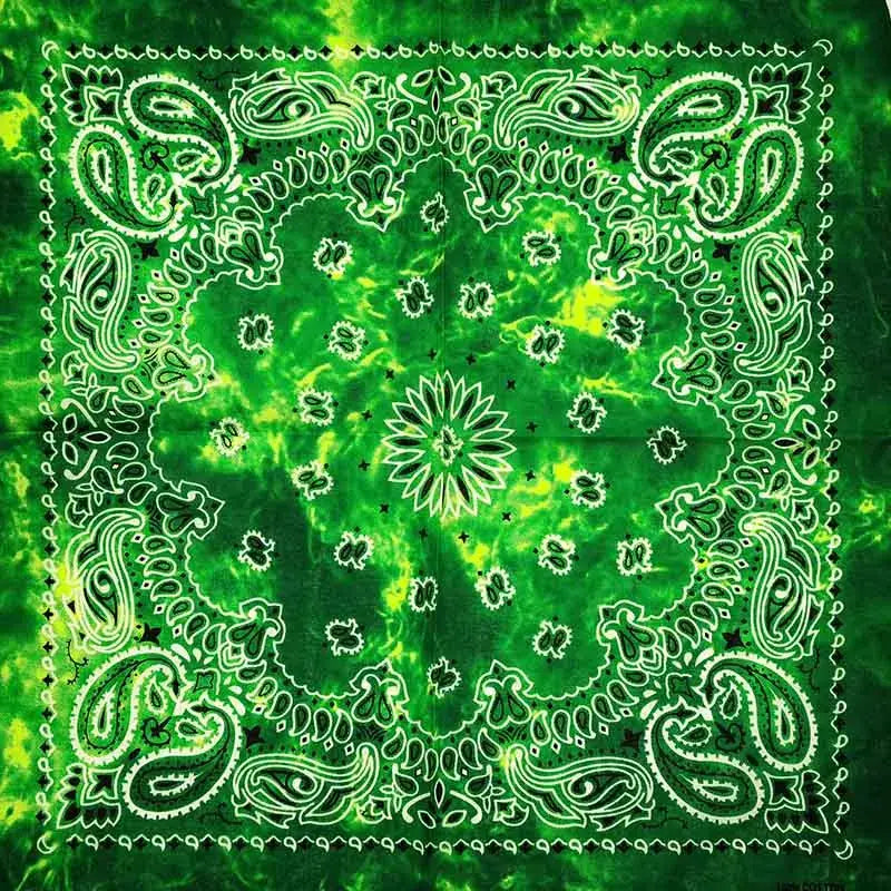 Vibrant slime green tie-dye bandana with white paisley floral patterns