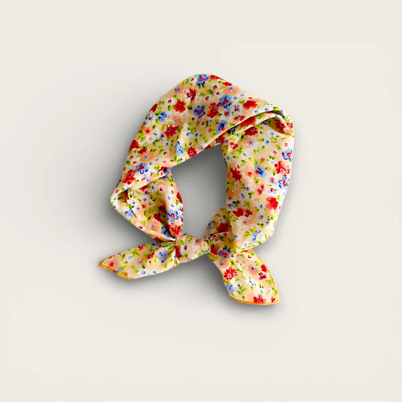 Small 100% cotton peach silk scarf with vibrant floral knot