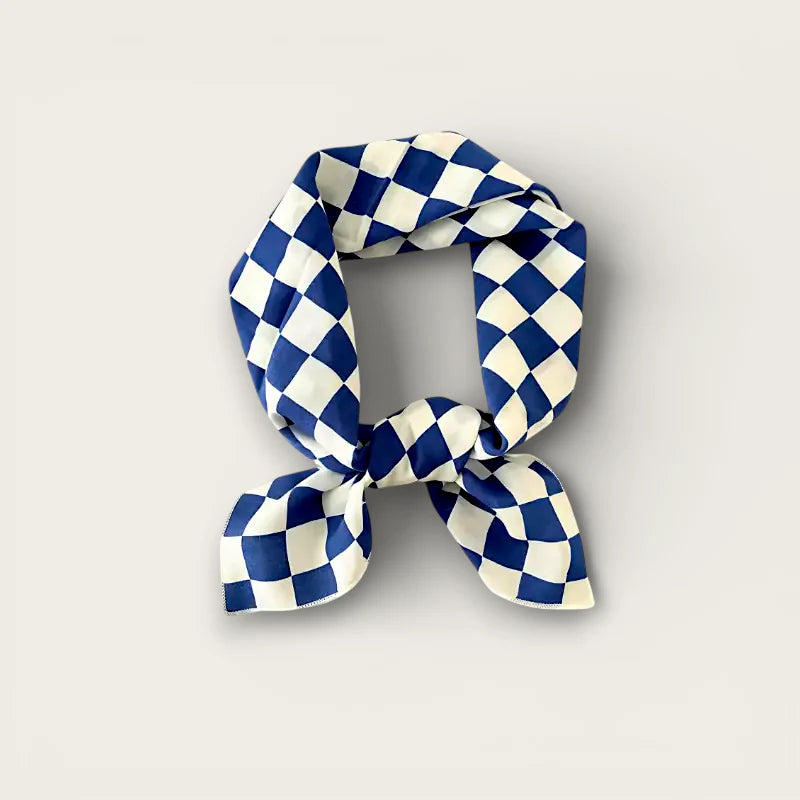 Navy blue white checkered silk scarf knotted small cotton square
