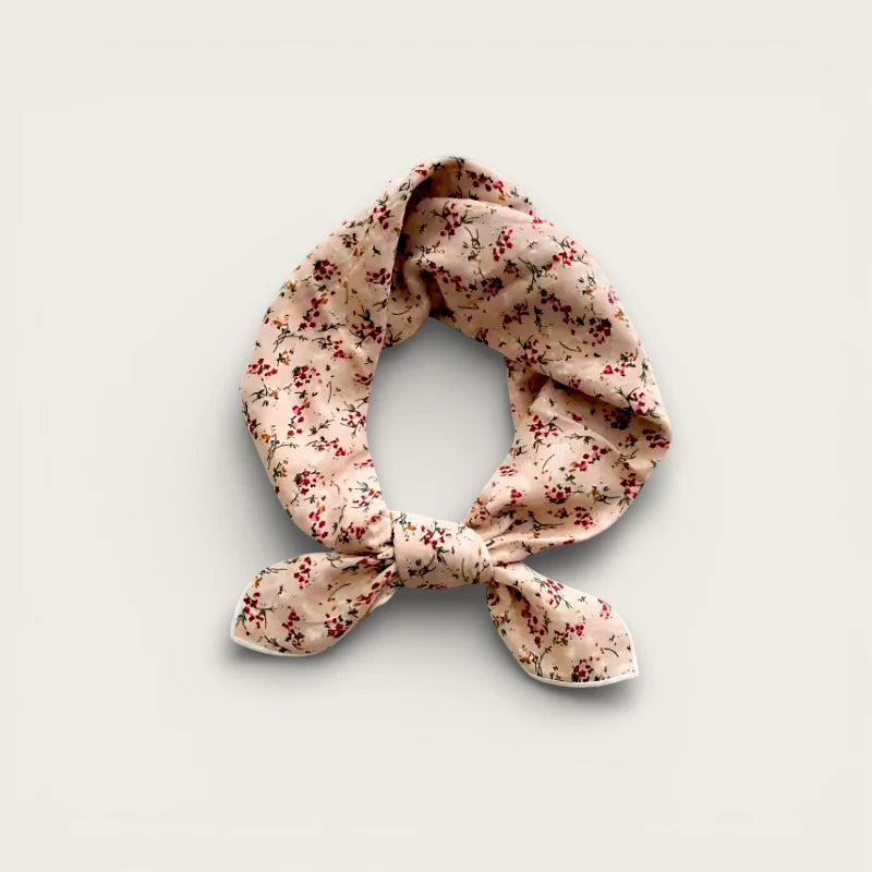 Small cotton scarf: delicate pink floral headscarf tied in neat knot