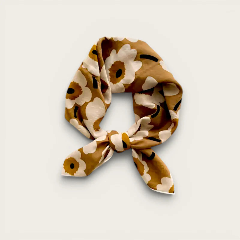 Small cotton square scarf in mustard-yellow silk with bold floral pattern