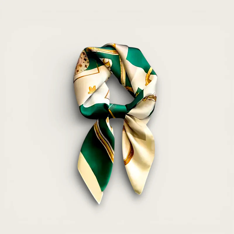 Small hair scarf in luxurious emerald green silk with gold vintage pattern