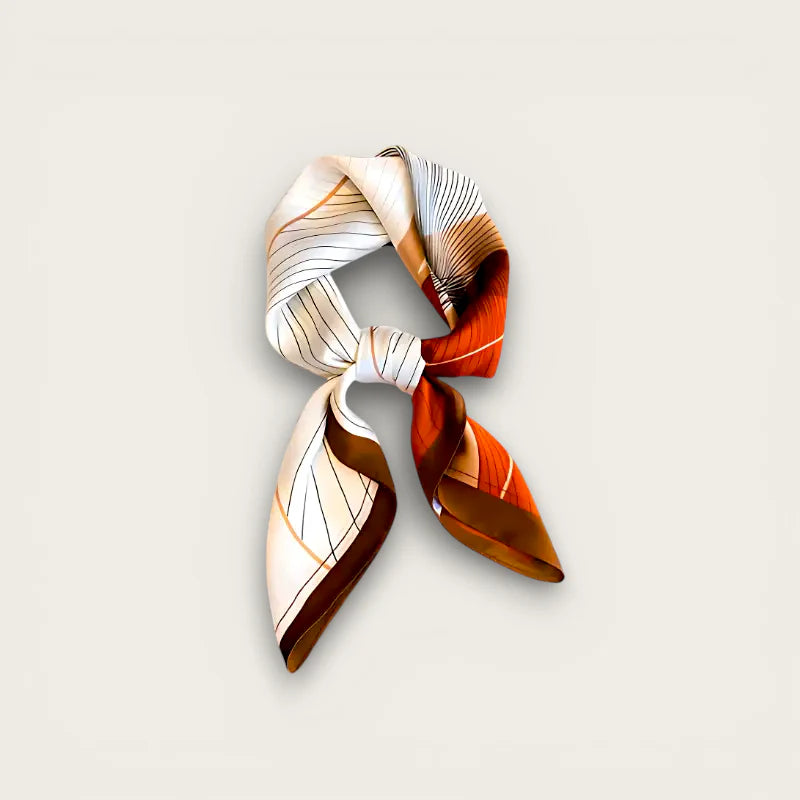 Small neck scarf with abstract orange, brown, cream pattern and black lines