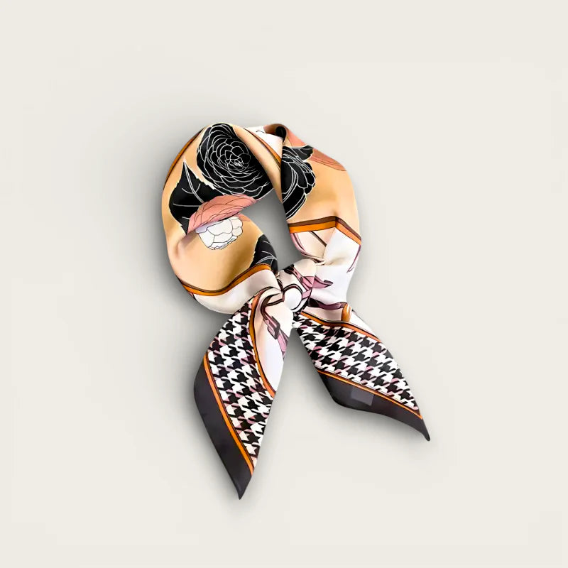Small satin scarf in beige silk with black pink floral pattern houndstooth edges