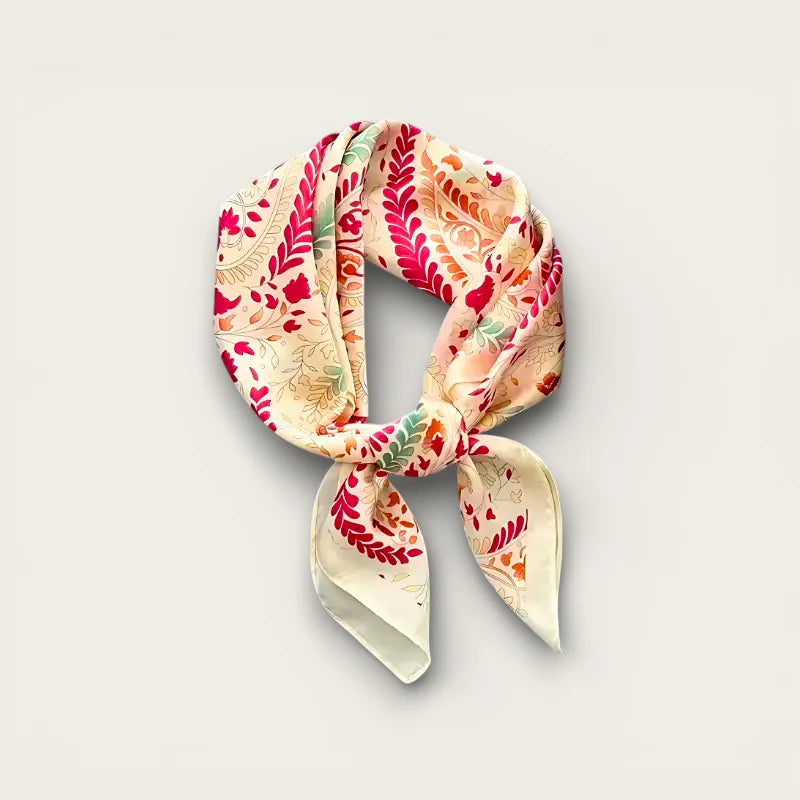 Small cream silk scarf with vibrant pink red green gold floral pattern