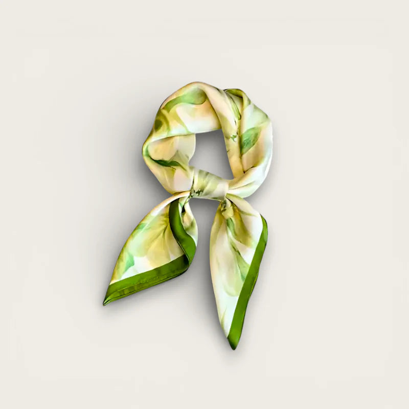 Small Scarf Women: delicate green cream silk square with floral edge pattern