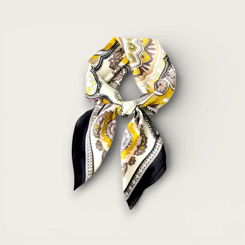 Small silk hair scarf in yellow brown cream paisley silk with black satin edges