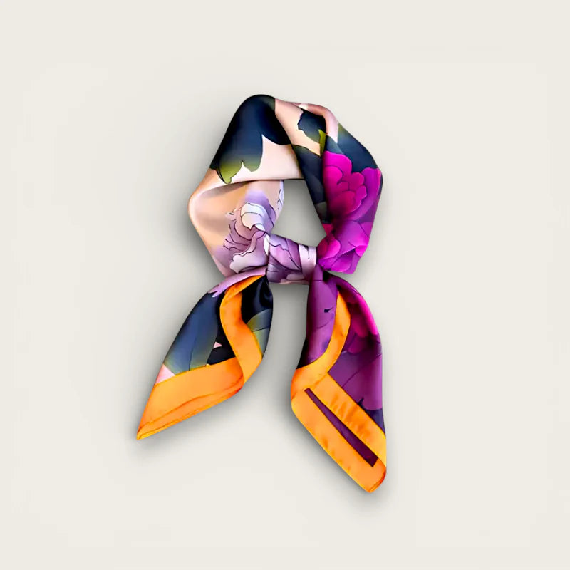 Small silk scarf with vibrant purple pink orange navy floral pattern