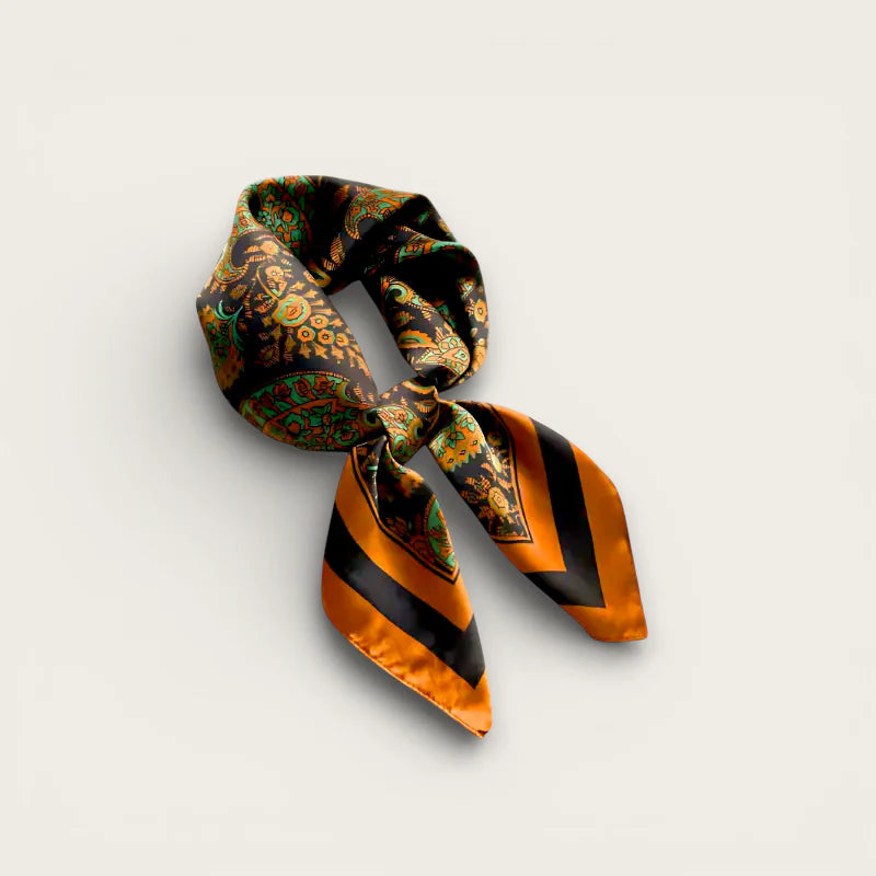 Vibrant orange black Small Square Silk Scarf with paisley patterns knotted