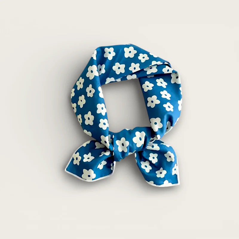 Blue silk scarf with white floral pattern in elegant knot, Soft Cotton Scarf