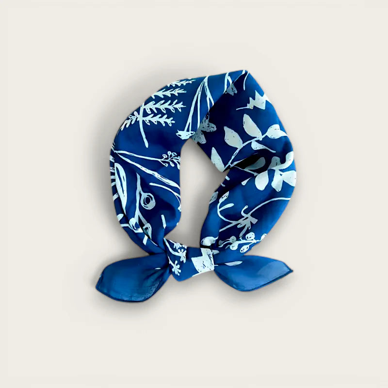 Navy blue silk square cotton head scarf with white botanical print knot