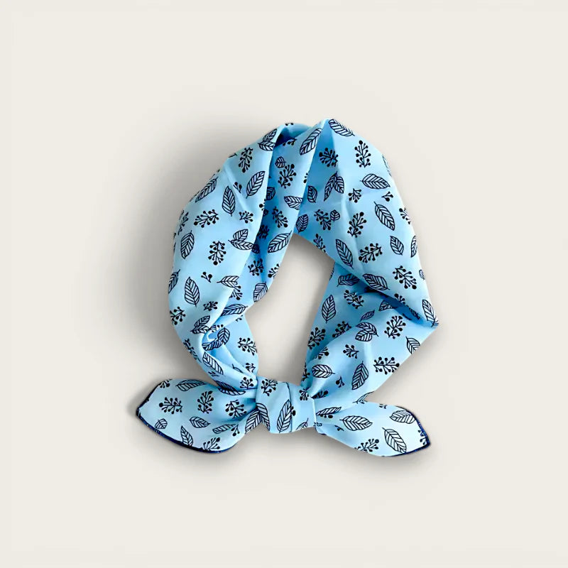 Light blue silk Square Cotton Scarf 60x60 with black leaf floral pattern knot