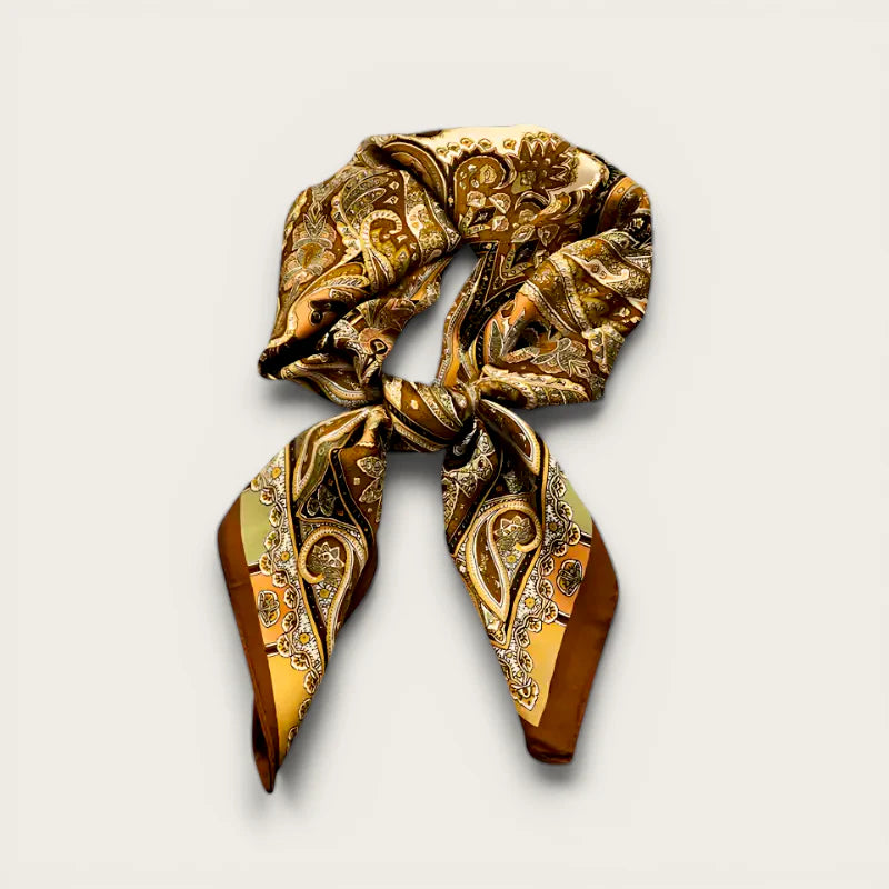 Luxurious gold brown paisley silk Square Hair Scarf in decorative knot