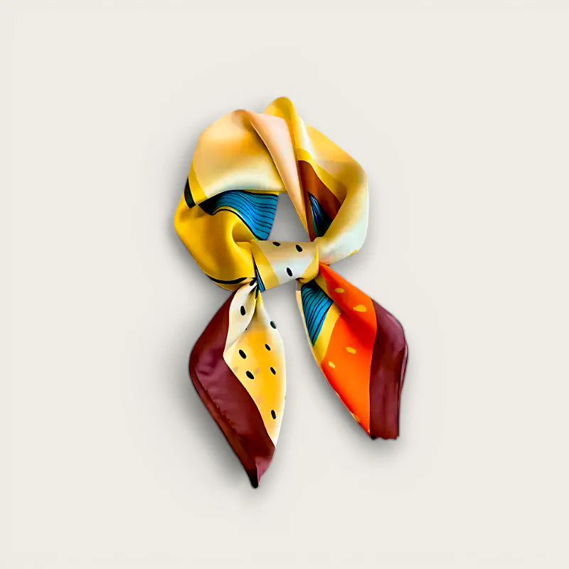 Vibrant abstract square head scarf in yellow, orange, blue and maroon silk
