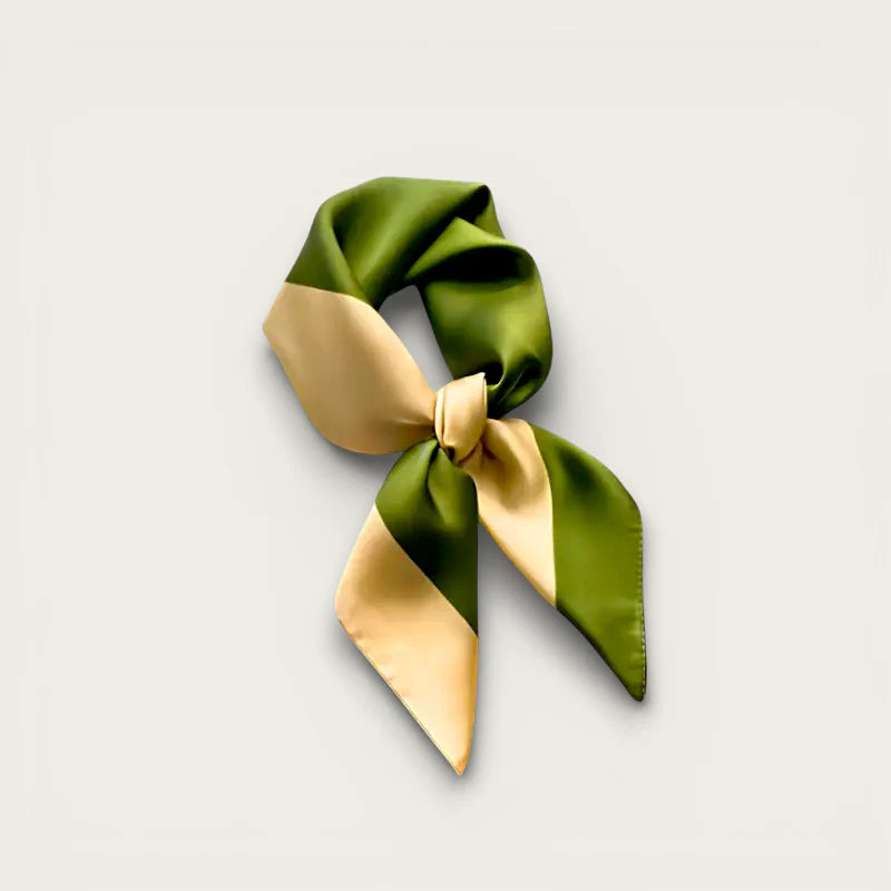 Square neck scarf in sleek olive green and gold silk with neat bow