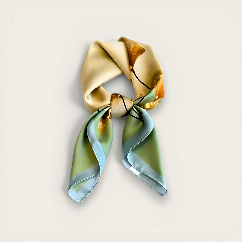Square scarf for women: beige silk with gold leaf motifs, mint accents