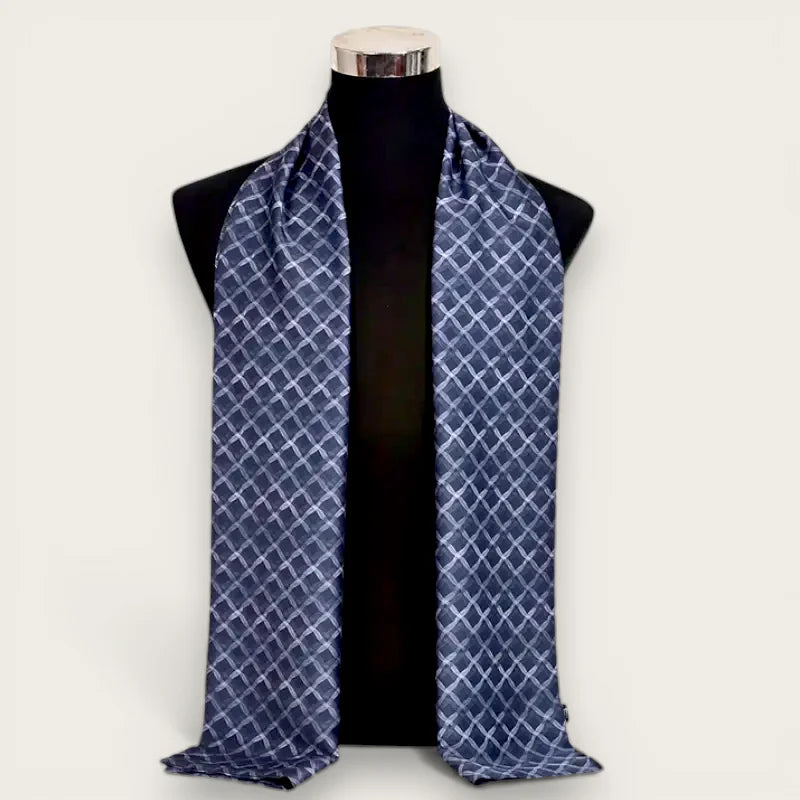 Summer Mens Silk Scarf: navy blue with white geometric lattice on black mannequin