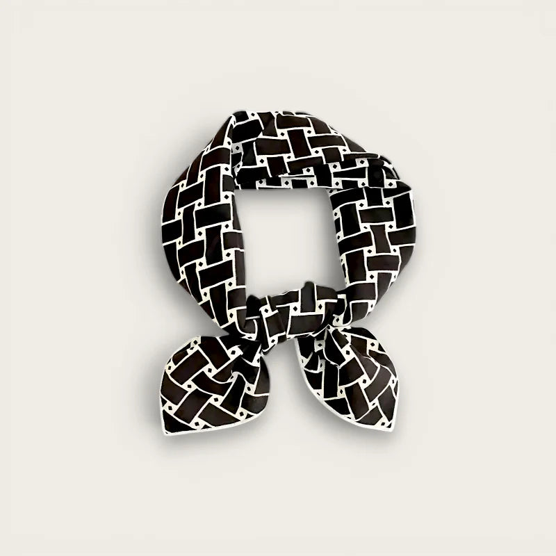 Black and white woven silk scarf knotted, thick cotton square style
