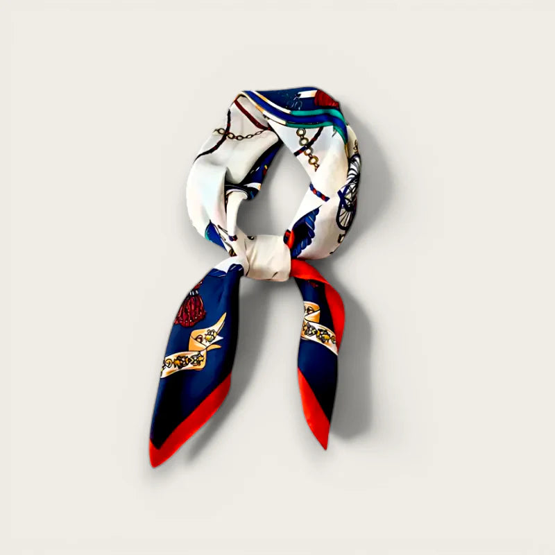 Trendy Scarf: stylish white silk with navy red border, gold chains birds carriages