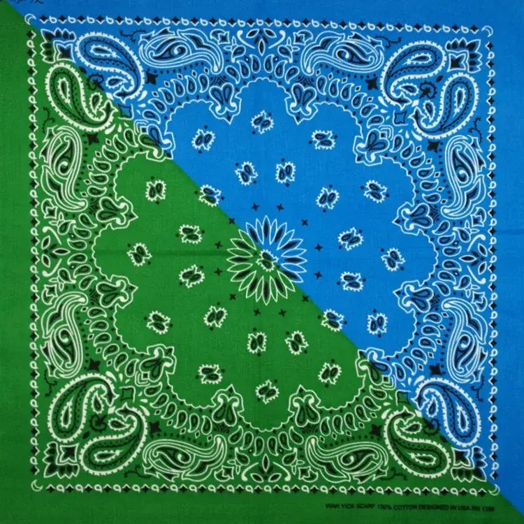 Triangle bandana scarf in vibrant green blue paisley with white black edges