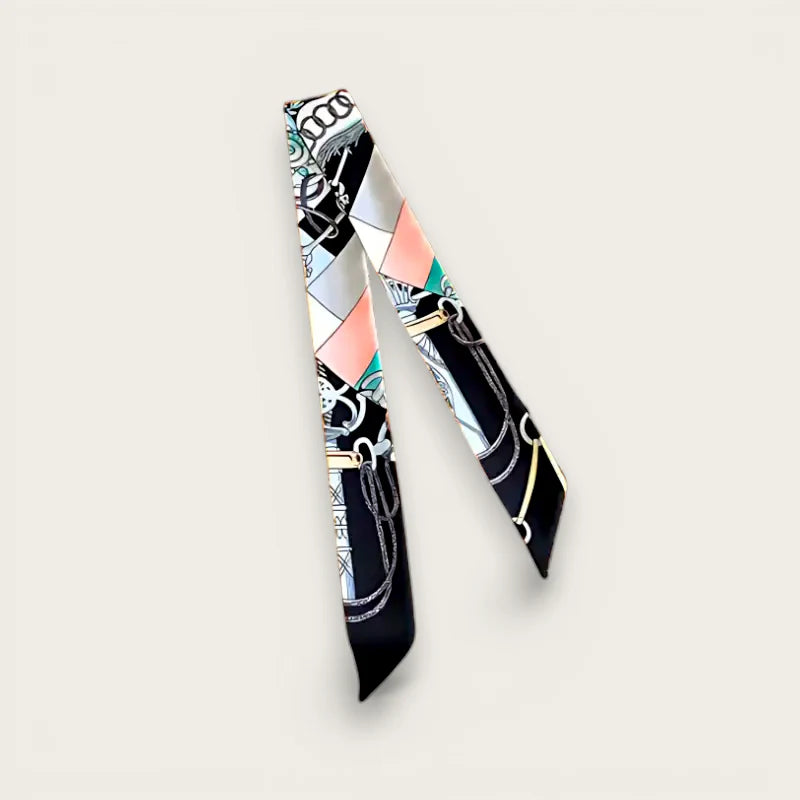 Twilly Purse Scarf: black silk with coral, silver, teal, white geometric chains