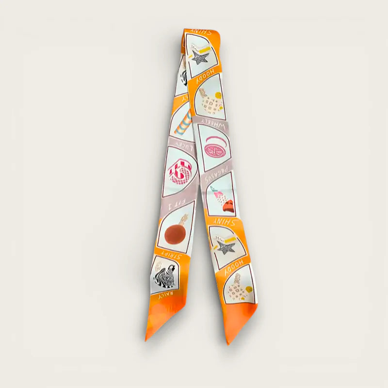 Orange white Twilly Scarf For Bag with whimsical stars ice cream designs