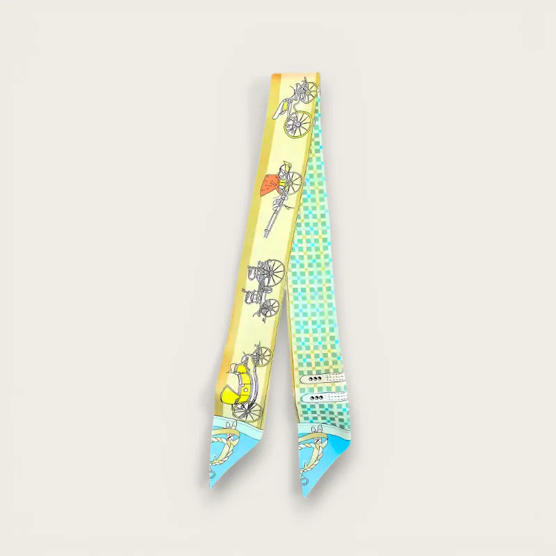 Vibrant yellow turquoise Twilly Scarf For Handbag with vintage carriages