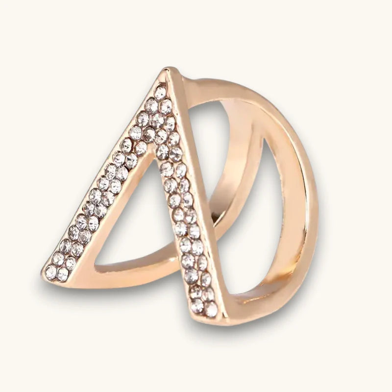 V-shaped scarf ring in rose gold with interlocking triangle and curve, rhinestones