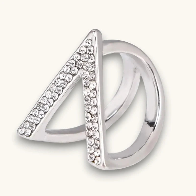V-shaped scarf ring: silver geometric triangle with clear rhinestone edges