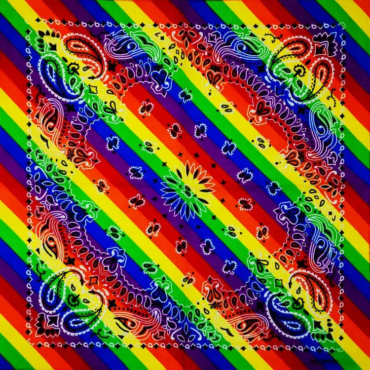 Vibrant Vintage Bandana Scarf with rainbow stripes, neon paisley, floral patterns