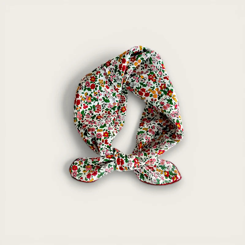 Vintage cotton scarf with delicate white headscarf and vibrant floral pattern