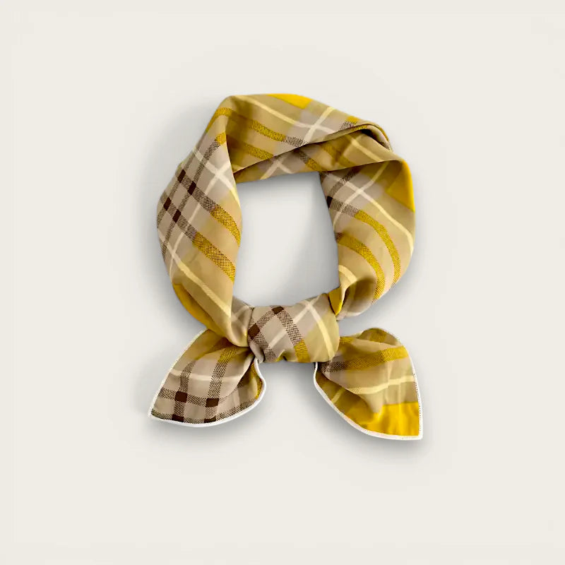 Vintage hair cotton scarf: yellow beige plaid silk with knotted white-trimmed ends