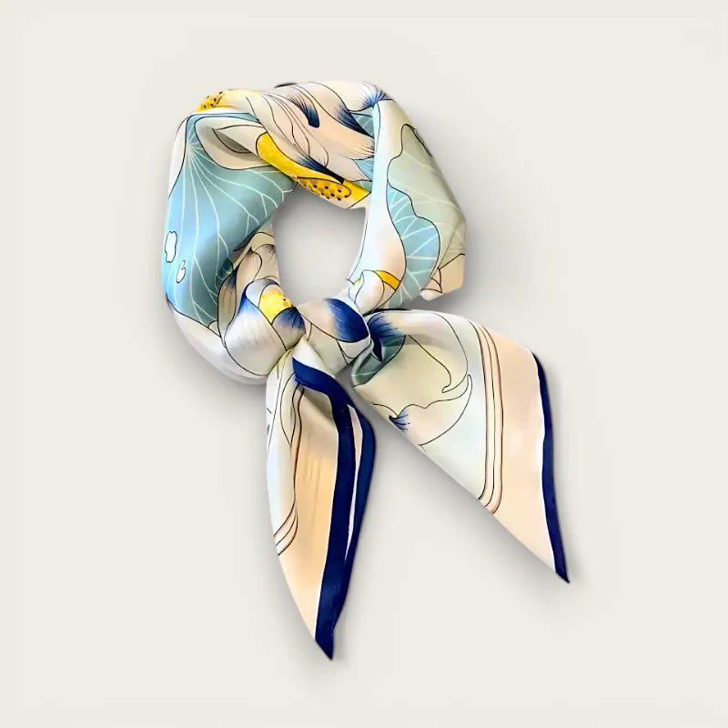 Vintage Silk Scarf with watercolor botanical print and navy trim