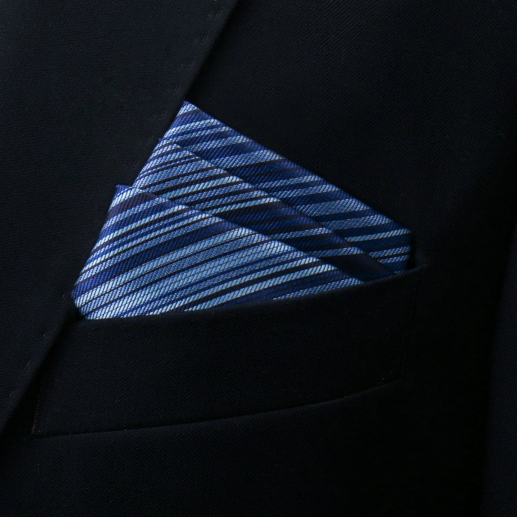 Navy blue silver striped silk wedding pocket square in black suit pocket