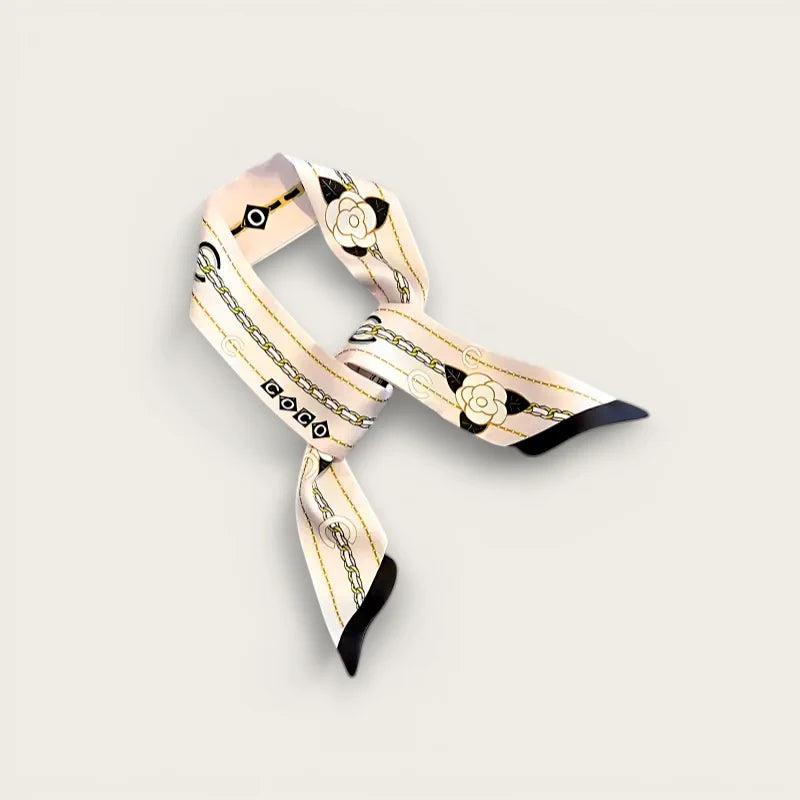 White Bag Scarf: cream silk with black-gold chains, white camellias, black border
