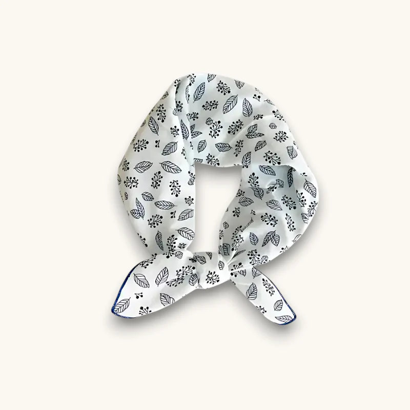 White cotton square scarf with black leaf berry motifs navy trim