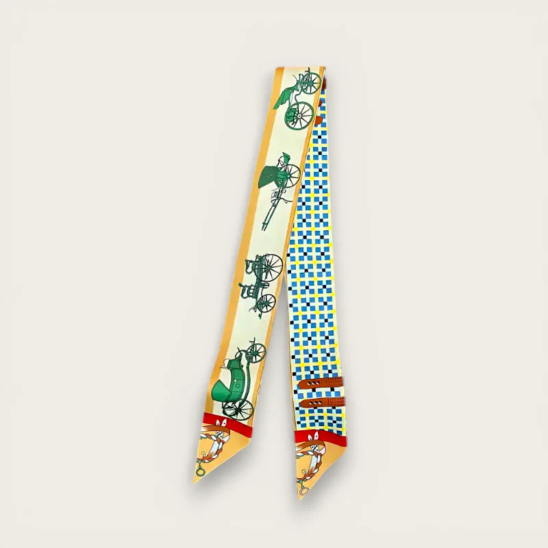 White Green Bag Scarf: vibrant yellow silk with green carriages pattern