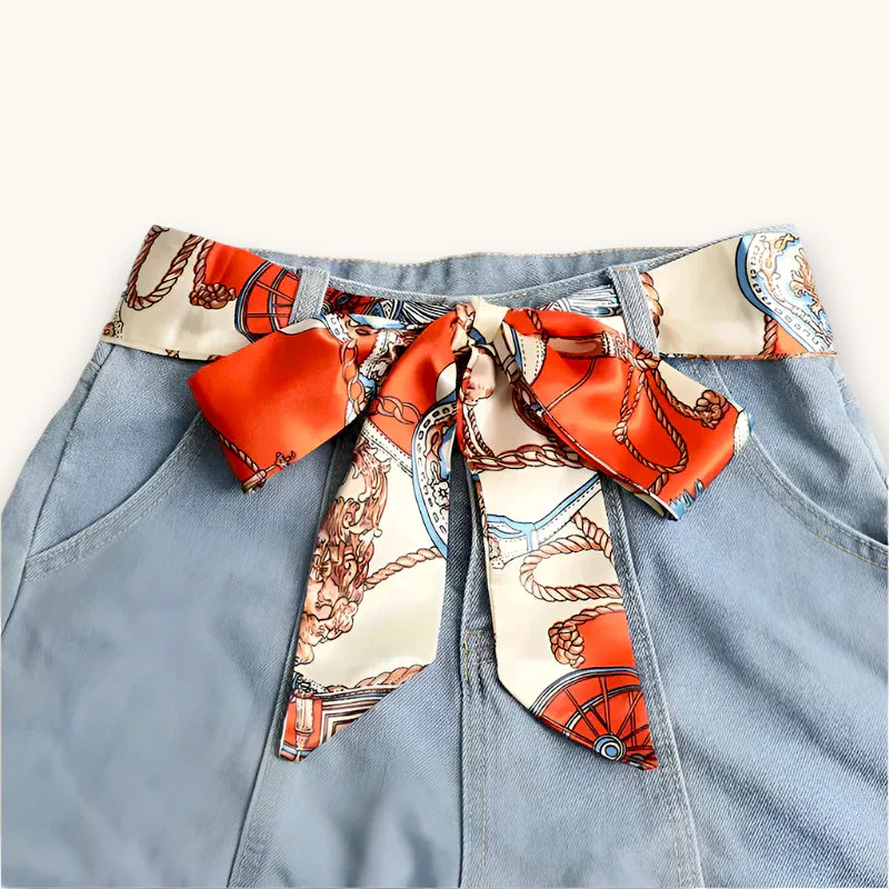 White Orange Scarf Belt: vibrant orange cream silk bow on light blue denim pants