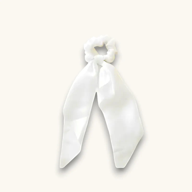 White Scarf Scrunchie with satin ribbon, glossy finish and tied bow