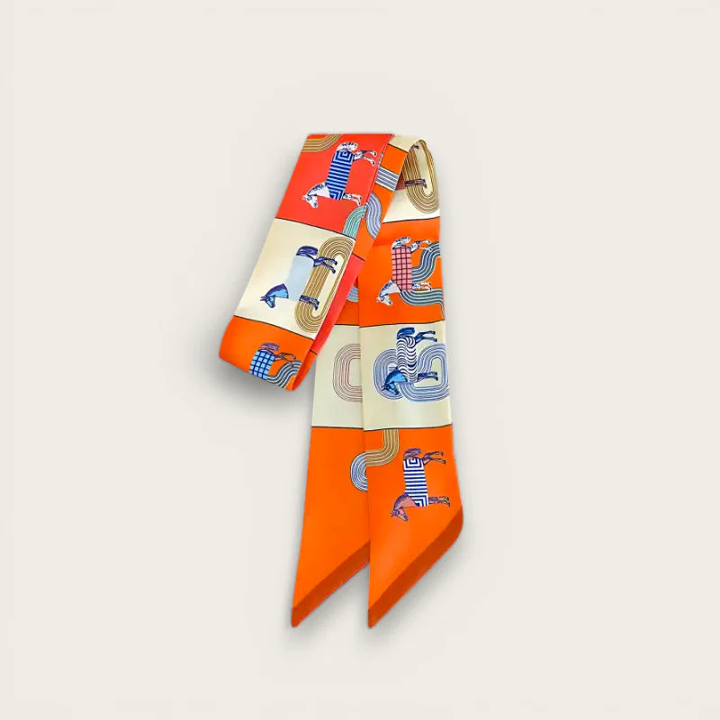 Vibrant orange Womens Bag Scarf with blue cream stylized figures pattern