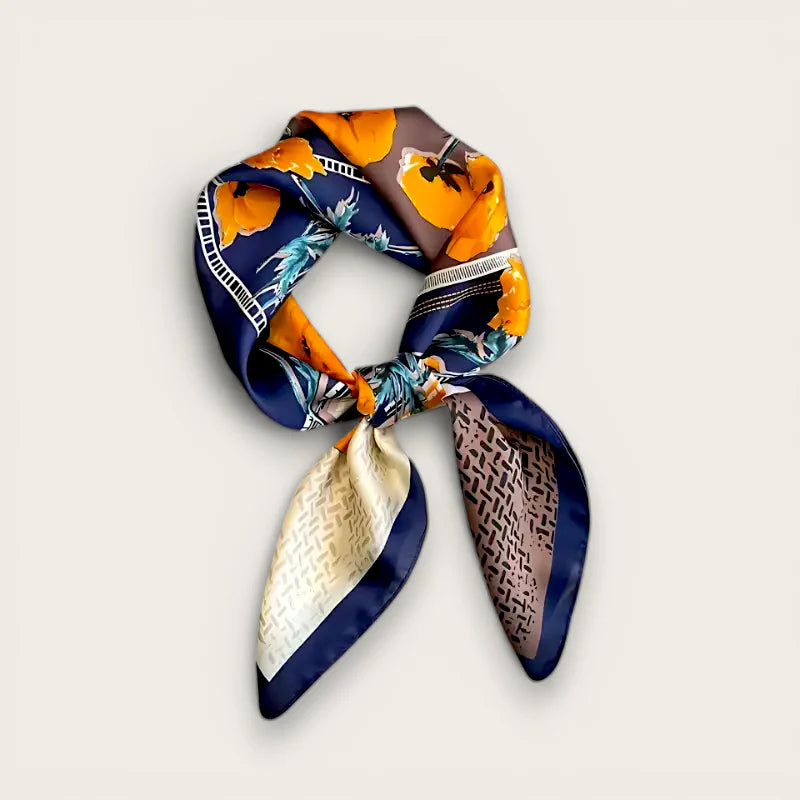 Womens boho hair scarf: navy silk with orange poppy, teal leaf, geometric design