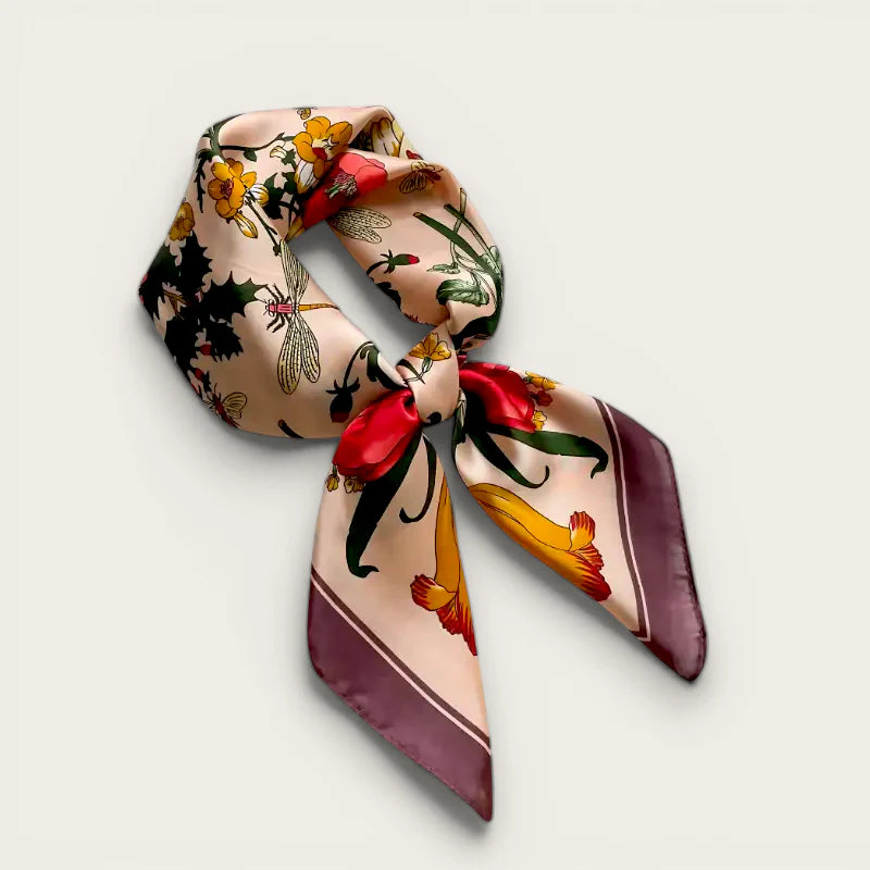 Womens chic silk scarf with pink floral insect motifs and burgundy border