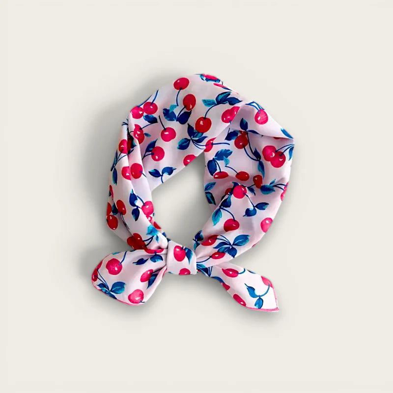 Pink silk womens cotton hair scarf with cherry leaf pattern in knot