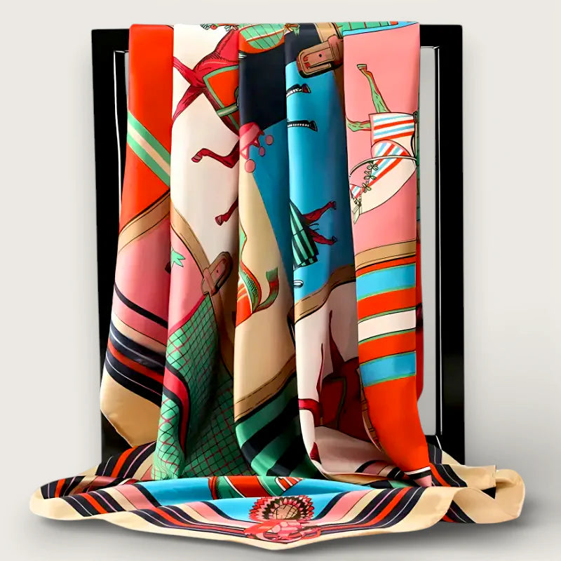 Womens large head wrap: vibrant patterned silk scarves with bold illustrations and stripes