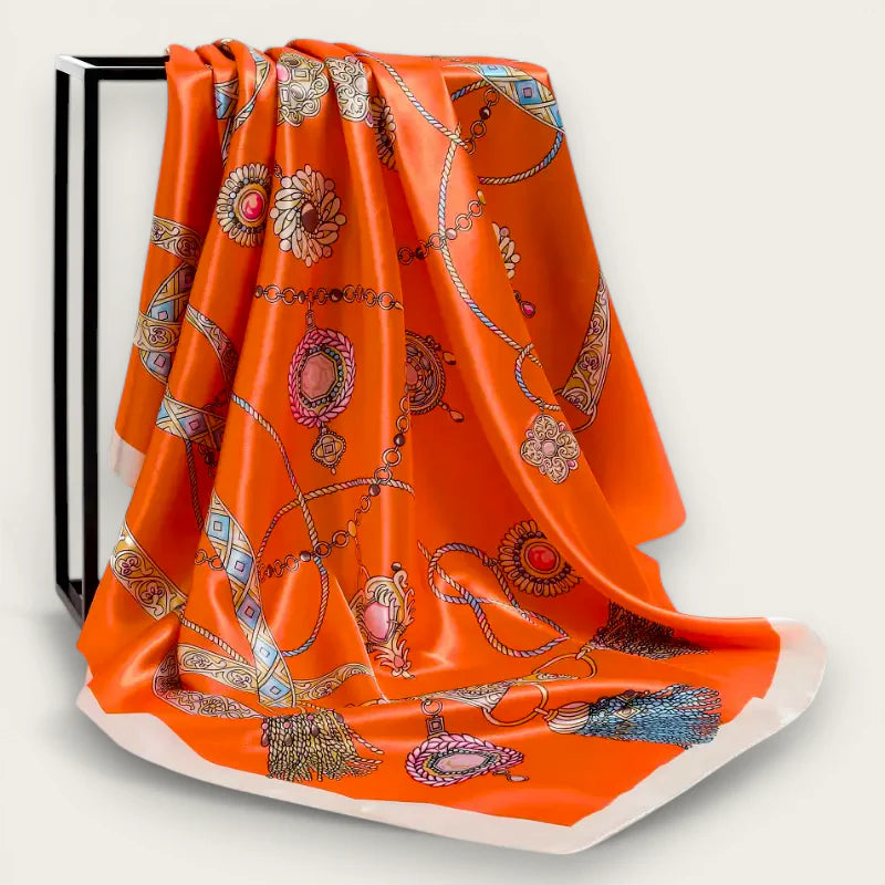 Womens large orange silk scarf with gold pink jewelry patterns