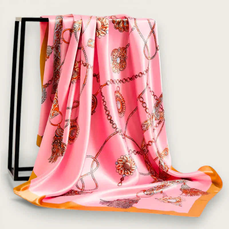 Womens large pink satin scarf with gold brown chain motif orange edge