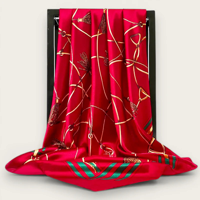 Womens large red silk scarf with vibrant gold green equestrian patterns
